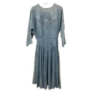 Vintage Colours Blue Denim Dress Womens 12 With Embroidered Detail & Back Zipper